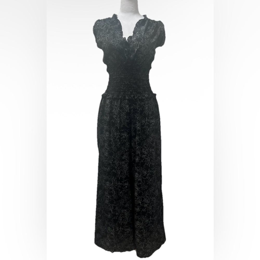 Max Studio Floral Black & White Wide Leg Smocked Waist Jumpsuit XL